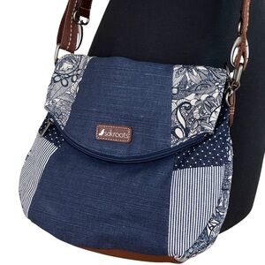 Sakroots Foldover Crossbody Bag Navy Floral Owl Charm Adjustable Brown Strap